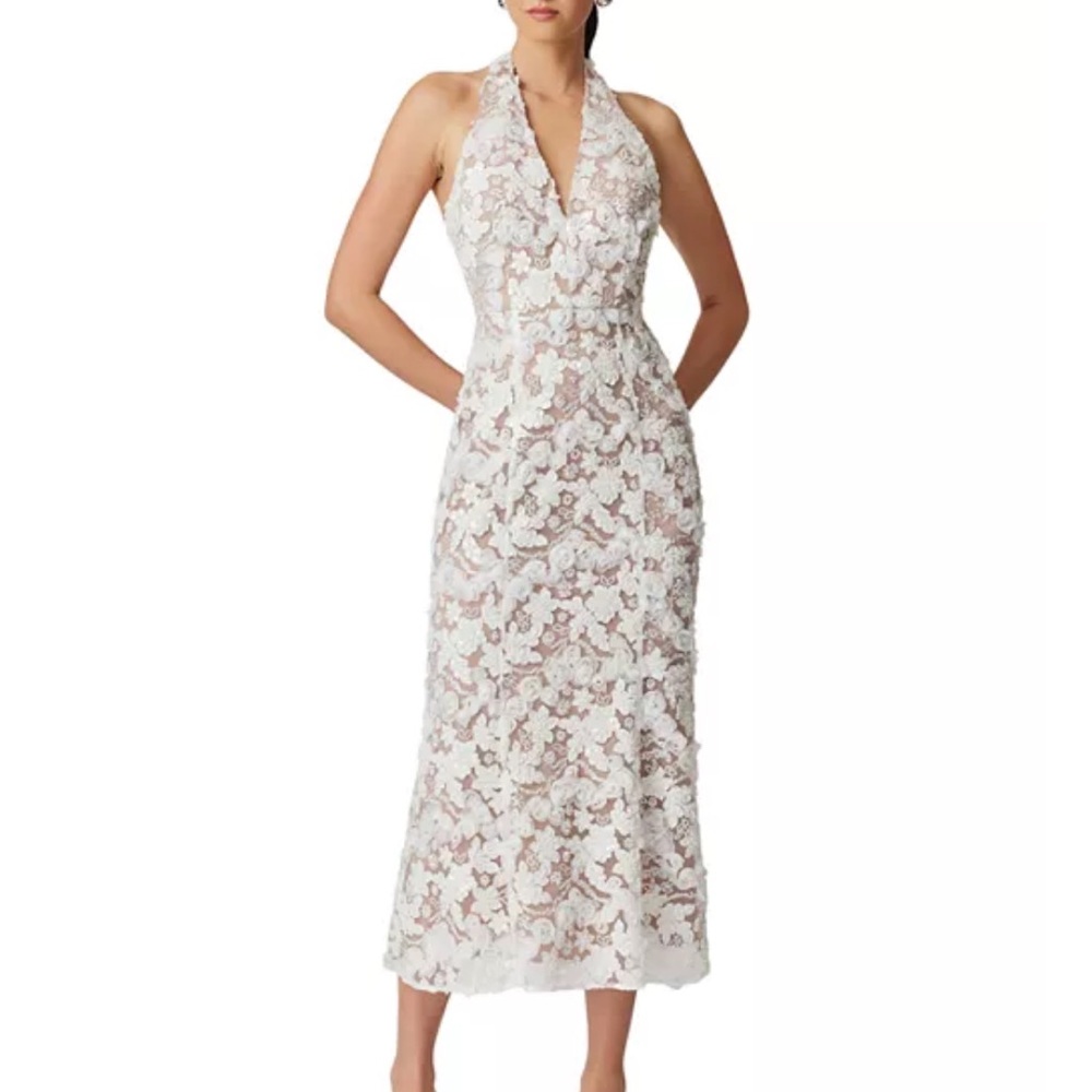 Bridal beaded halter midi dress - bride, wedding, shower, sequins, white, floral